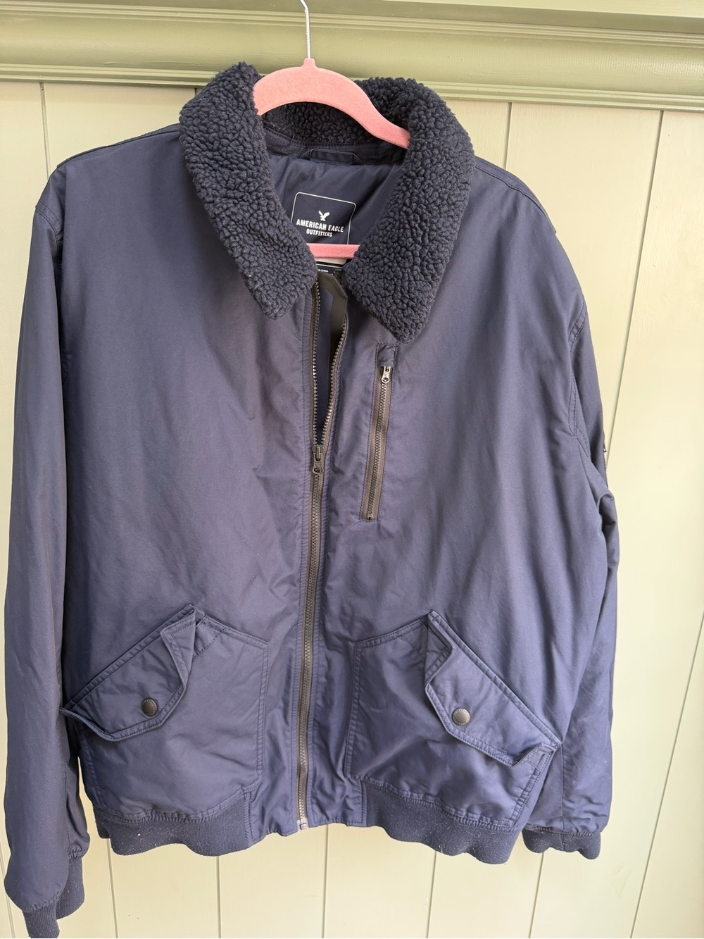American Eagle Outfitters Navy Bomber Jacket with Sherpa Collar
